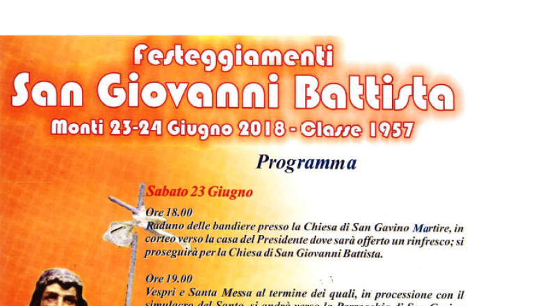 Festa San Giovanni Battista a Monti, ecco il programma dell'evento del 23 - 24 Giugno 2018 Festa San Giovanni Battista a Monti, ecco il programma dell'evento del 23 - 24 Giugno 2018